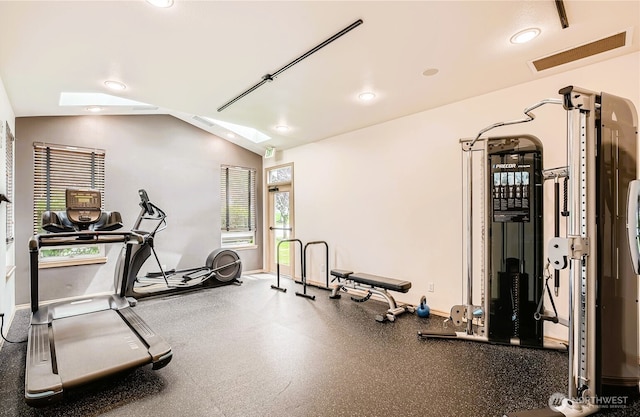 17610 134th Ln SE, Renton, WA 98058 - workout area with recessed lighting, baseboards, visible vents, and vaulted ceiling with skylight