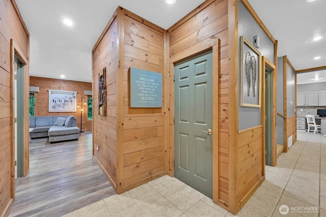 17132 156th Ln SE, Yelm, WA 98597 - interior space featuring recessed lighting, wood walls, and light tile patterned floors
