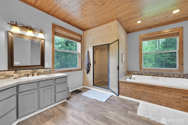 17132 156th Ln SE, Yelm, WA 98597 - bathroom with wooden ceiling, a shower stall, a bath, and vanity