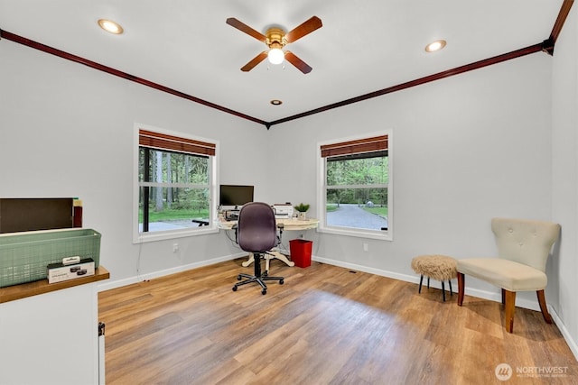 17132 156th Ln SE, Yelm, WA 98597 - office area with baseboards, ornamental molding, a ceiling fan, and wood finished floors