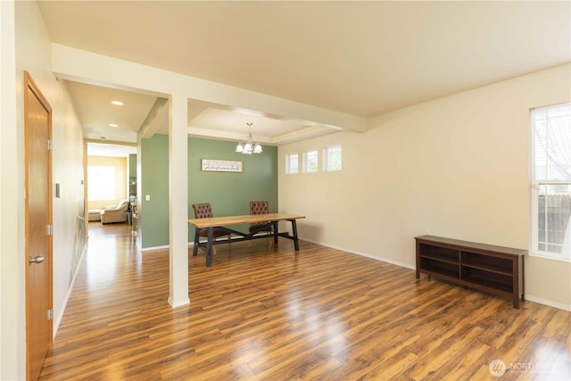 office featuring wood finished floors, a chandelier, baseboards, and recessed lighting