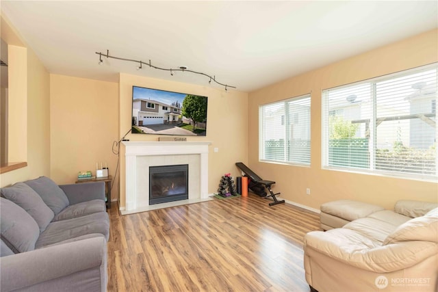 living room with wood finished floors, rail lighting, a tiled fireplace, and baseboards