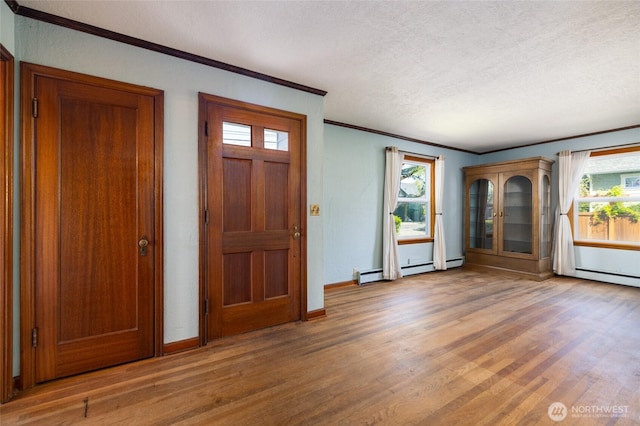 foyer with crown molding, a textured ceiling, a wealth of natural light, and light wood-type flooring