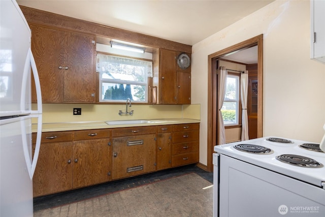 kitchen featuring brown cabinets, a sink, white appliances, light countertops, and a healthy amount of sunlight
