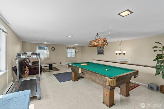 playroom featuring tile patterned floors, pool table, and baseboards