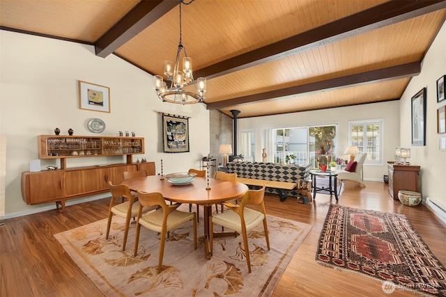 13317 15th Ave NE Unit D4, Seattle, WA 98125 - dining area featuring vaulted ceiling with beams, baseboards, a chandelier, and wood finished floors