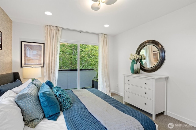 bedroom featuring baseboards, carpet flooring, recessed lighting, and access to exterior