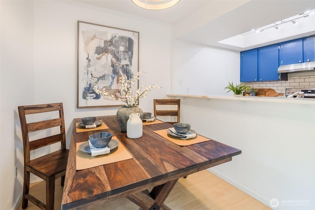 12621 NE 130th Way # D106, Kirkland, WA 98034 - dining space featuring track lighting, baseboards, wood finished floors, and a skylight