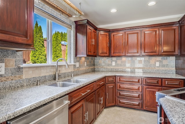 kitchen with stainless steel dishwasher, a sink, tasteful backsplash, crown molding, and light stone counters