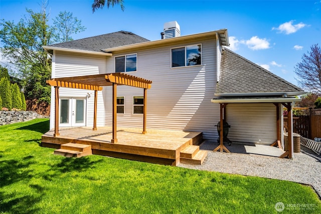 rear view of house with french doors, a pergola, a deck, a shingled roof, and a chimney