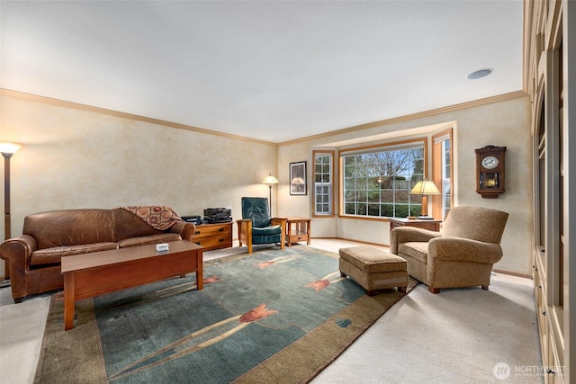 carpeted living area featuring ornamental molding
