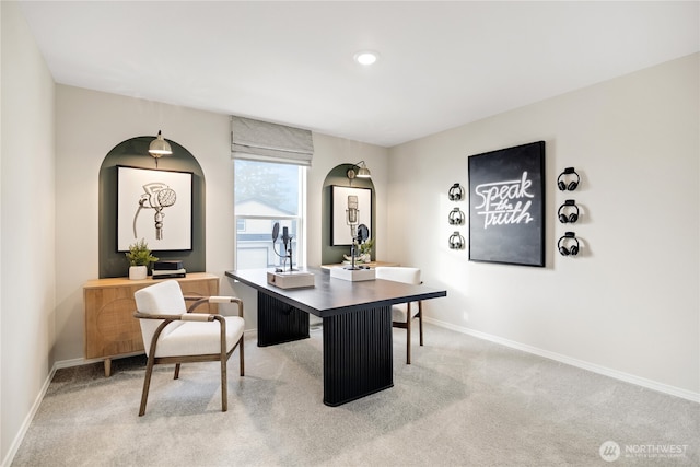 office space featuring carpet flooring, recessed lighting, and baseboards