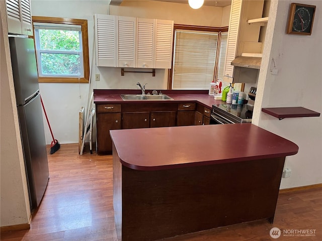 kitchen with a sink, ventilation hood, wood finished floors, and stainless steel appliances