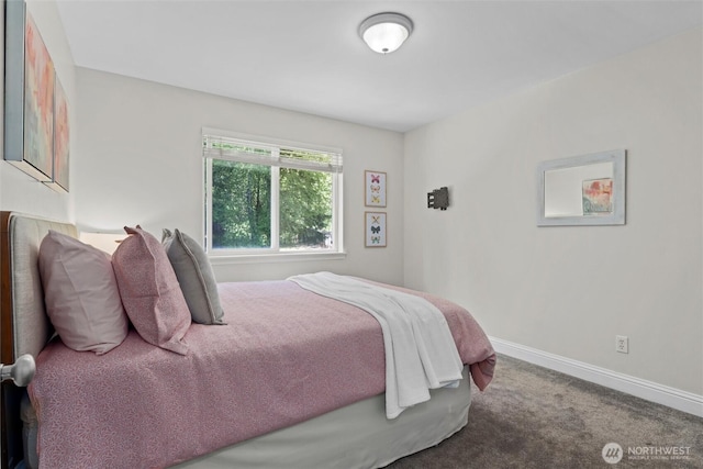 bedroom with baseboards and carpet