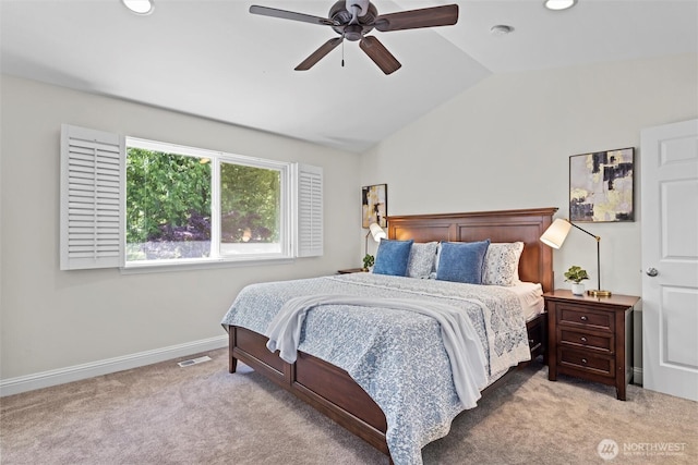 carpeted bedroom featuring visible vents, lofted ceiling, baseboards, recessed lighting, and a ceiling fan