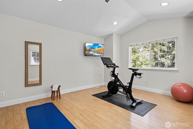 6211 247th Ave NE, Redmond, WA 98053 - workout area featuring wood finished floors, lofted ceiling, baseboards, and recessed lighting
