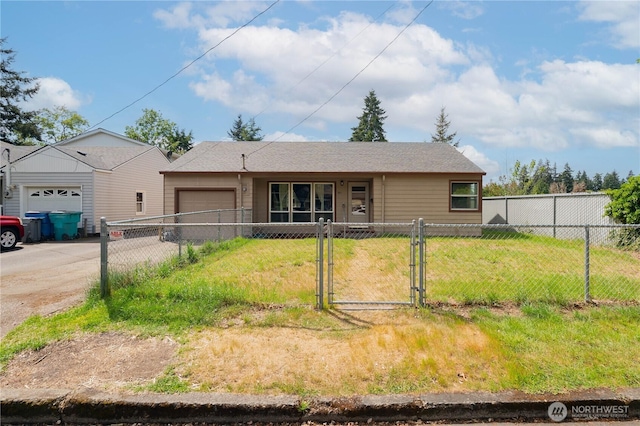 ranch-style home with a gate, a garage, and concrete driveway
