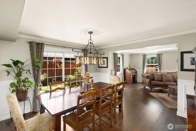 dining area featuring crown molding, wainscoting, wood finished floors, and a decorative wall