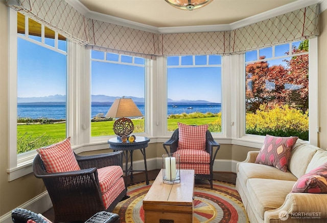 5844 Mutiny Bay Rd, Freeland, WA 98249 - sunroom featuring baseboards, a healthy amount of sunlight, and a water and mountain view