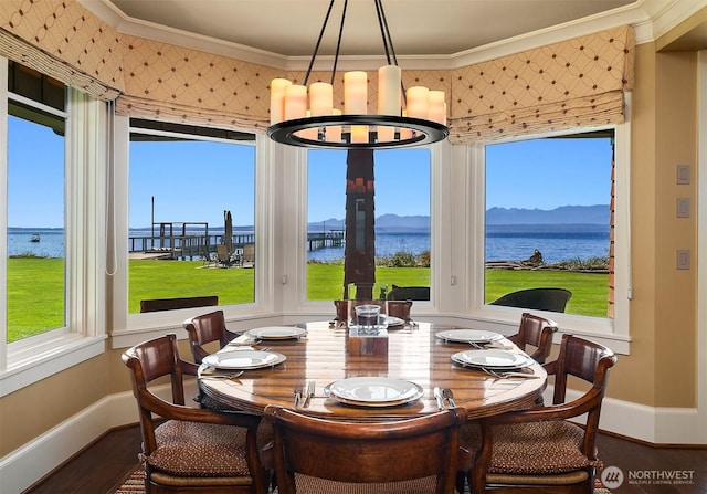 5844 Mutiny Bay Rd, Freeland, WA 98249 - dining area featuring a water view, baseboards, wood finished floors, and a wealth of natural light