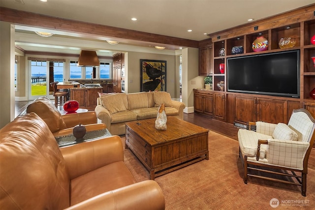 5844 Mutiny Bay Rd, Freeland, WA 98249 - living room featuring recessed lighting, baseboards, and light wood-type flooring