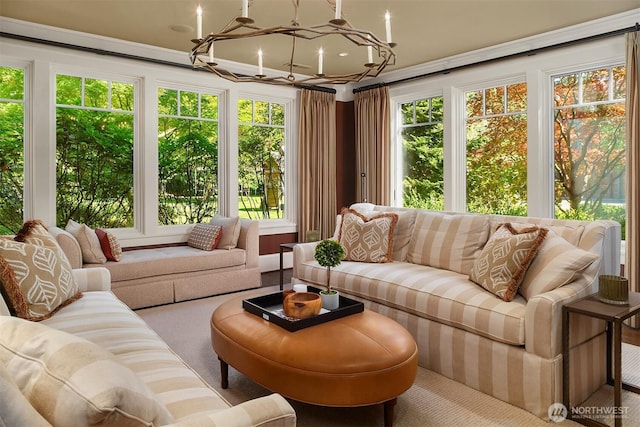 5844 Mutiny Bay Rd, Freeland, WA 98249 - sunroom / solarium with an inviting chandelier and carpet