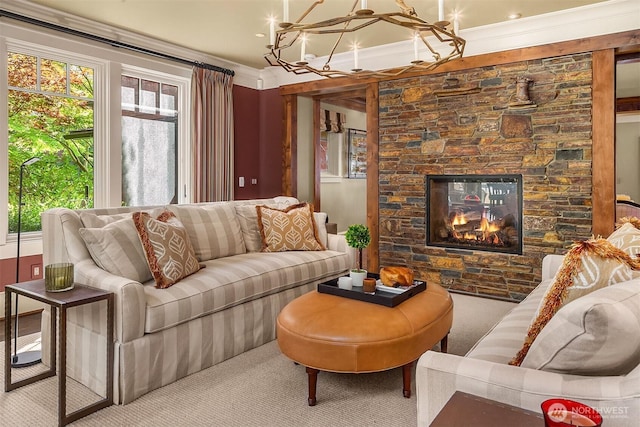 5844 Mutiny Bay Rd, Freeland, WA 98249 - living area with carpet floors, a notable chandelier, and a stone fireplace