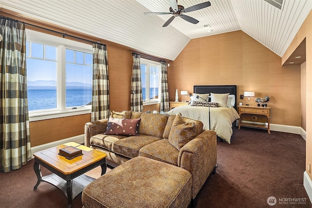 5844 Mutiny Bay Rd, Freeland, WA 98249 - carpeted bedroom with a ceiling fan, baseboards, a water view, vaulted ceiling, and wood ceiling