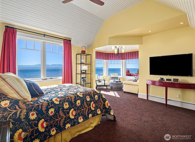5844 Mutiny Bay Rd, Freeland, WA 98249 - bedroom featuring wood ceiling, ceiling fan, baseboards, lofted ceiling, and carpet