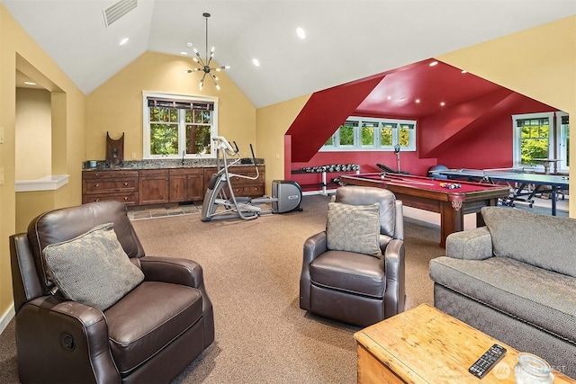 5844 Mutiny Bay Rd, Freeland, WA 98249 - rec room featuring visible vents, carpet, plenty of natural light, and lofted ceiling