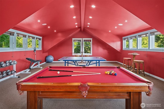 5844 Mutiny Bay Rd, Freeland, WA 98249 - rec room featuring carpet floors, baseboards, lofted ceiling with beams, recessed lighting, and billiards
