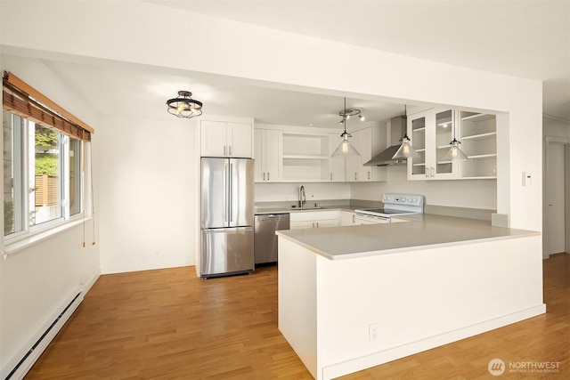 kitchen with stainless steel appliances, a baseboard radiator, open shelves, a sink, and a peninsula