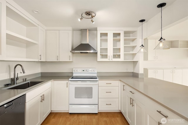 kitchen with open shelves, wall chimney exhaust hood, white range with electric cooktop, and stainless steel dishwasher