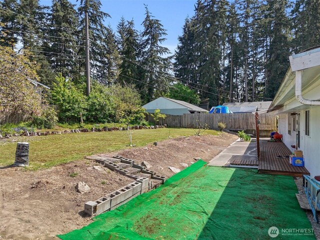view of yard featuring a fenced backyard and a deck