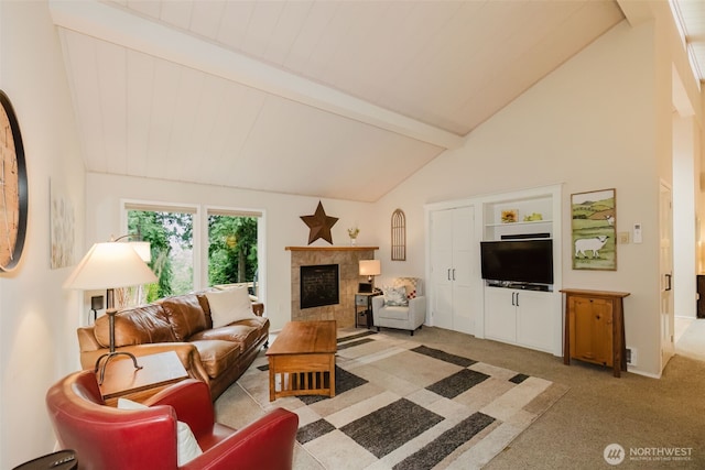 living room featuring a tiled fireplace, high vaulted ceiling, light carpet, and beam ceiling