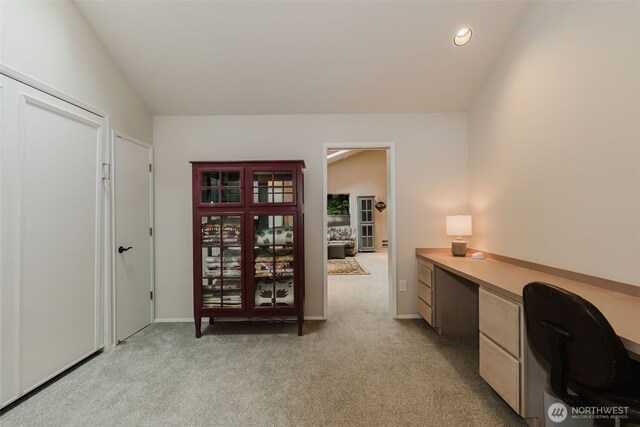office featuring baseboards, light carpet, and recessed lighting