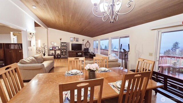 942 S 293rd St, Federal Way, WA 98003 - dining area with vaulted ceiling, wooden ceiling, an inviting chandelier, and wood finished floors