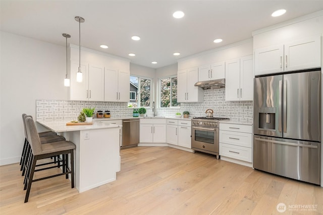 4019B 4th Ave NE, Seattle, WA 98105 - kitchen with a peninsula, light wood-type flooring, white cabinetry, under cabinet range hood, and appliances with stainless steel finishes