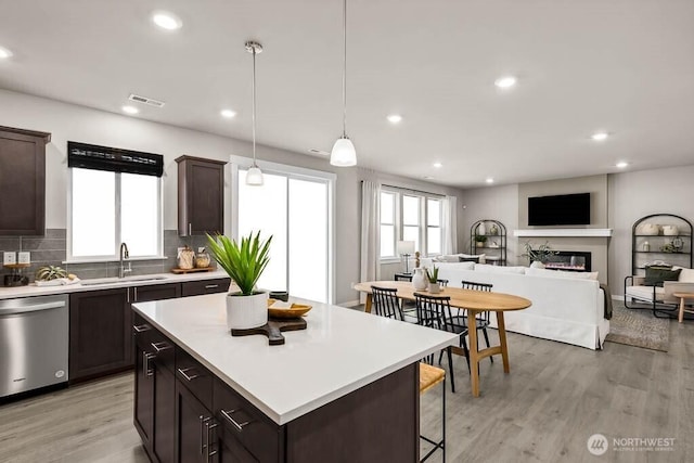 kitchen with a sink, stainless steel dishwasher, a glass covered fireplace, and a healthy amount of sunlight