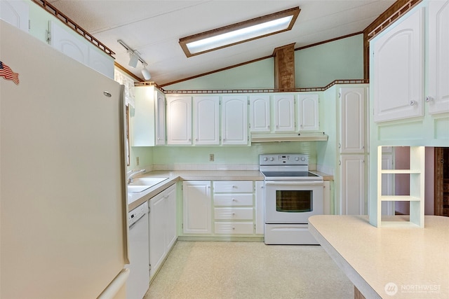 kitchen featuring a sink, white appliances, white cabinetry, lofted ceiling, and under cabinet range hood