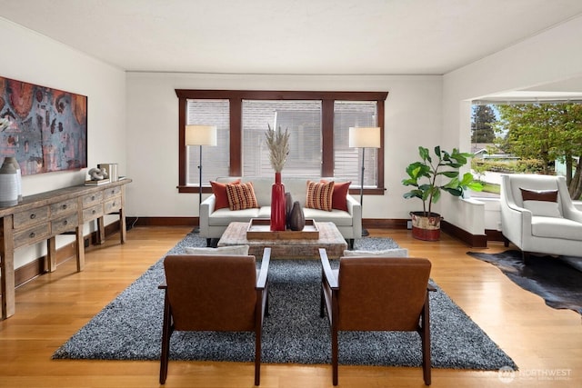 living room with baseboards and light wood finished floors
