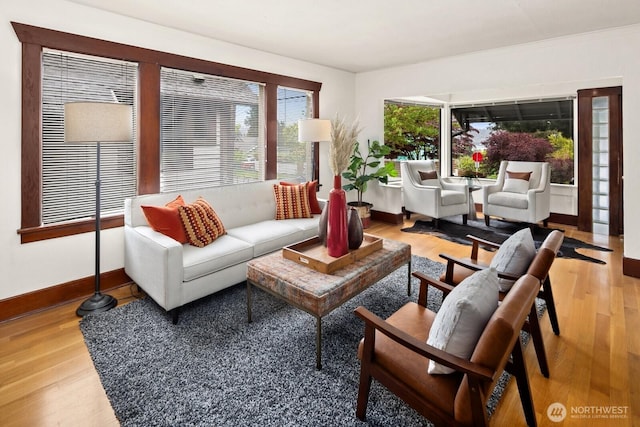 living area featuring baseboards and wood finished floors