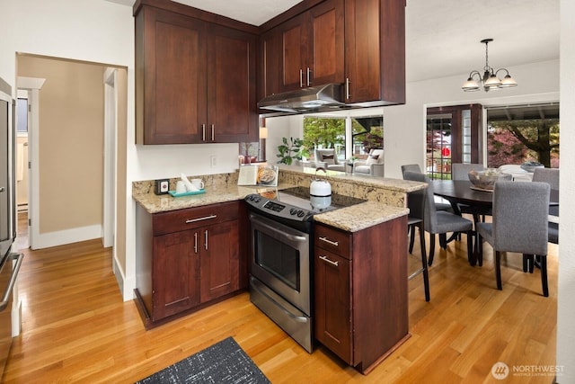 kitchen featuring light stone countertops, a notable chandelier, light wood finished floors, electric stove, and a peninsula