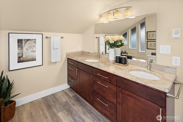 full bathroom featuring double vanity, a sink, wood finished floors, and vaulted ceiling