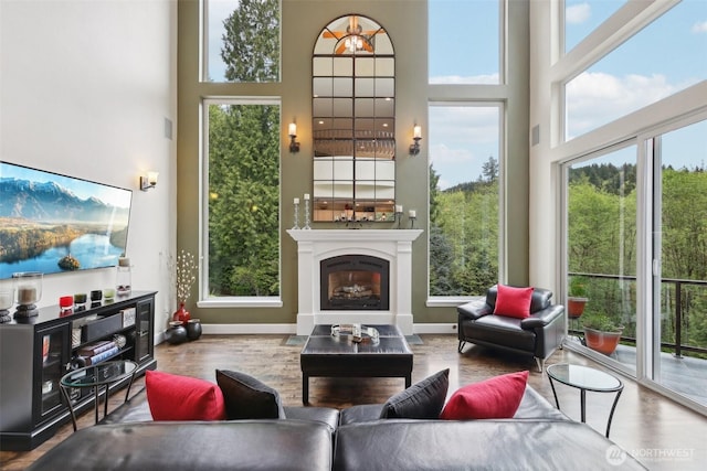 living area featuring a high ceiling, wood finished floors, and a wealth of natural light