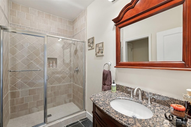 bathroom featuring tile patterned floors, a shower stall, and vanity