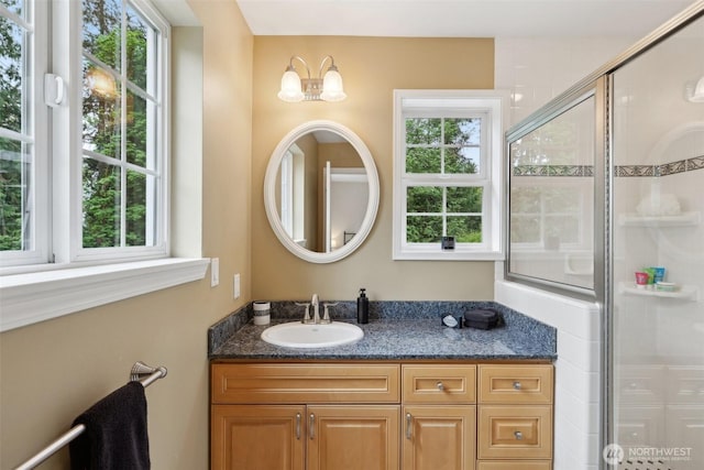 bathroom featuring vanity, a wealth of natural light, and a shower stall