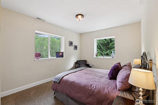 carpeted bedroom with baseboards, visible vents, and multiple windows