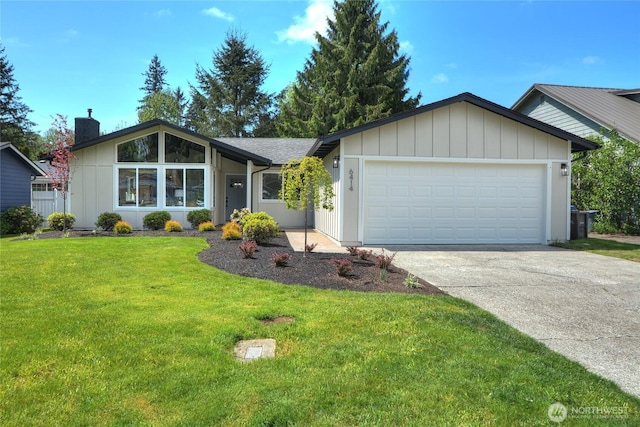 view of front of house featuring an attached garage, a front lawn, board and batten siding, a chimney, and concrete driveway