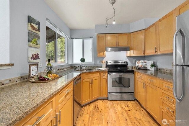 kitchen featuring light stone countertops, a sink, under cabinet range hood, stainless steel appliances, and light wood-style flooring